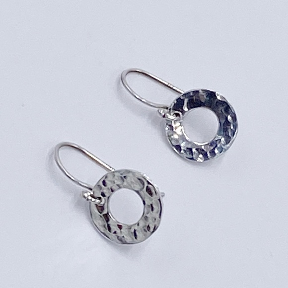 Sterling Silver 925 Hammered Circle Dainty Dangle Earrings - Picture 2 of 7